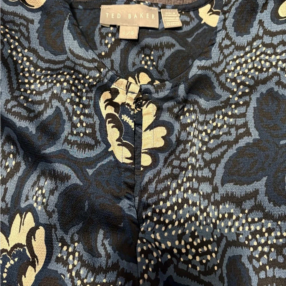 Ted Baker Navy Blue Floral Long-Sleeve Blouse with Keyhole Neckline - Picture 7 of 8